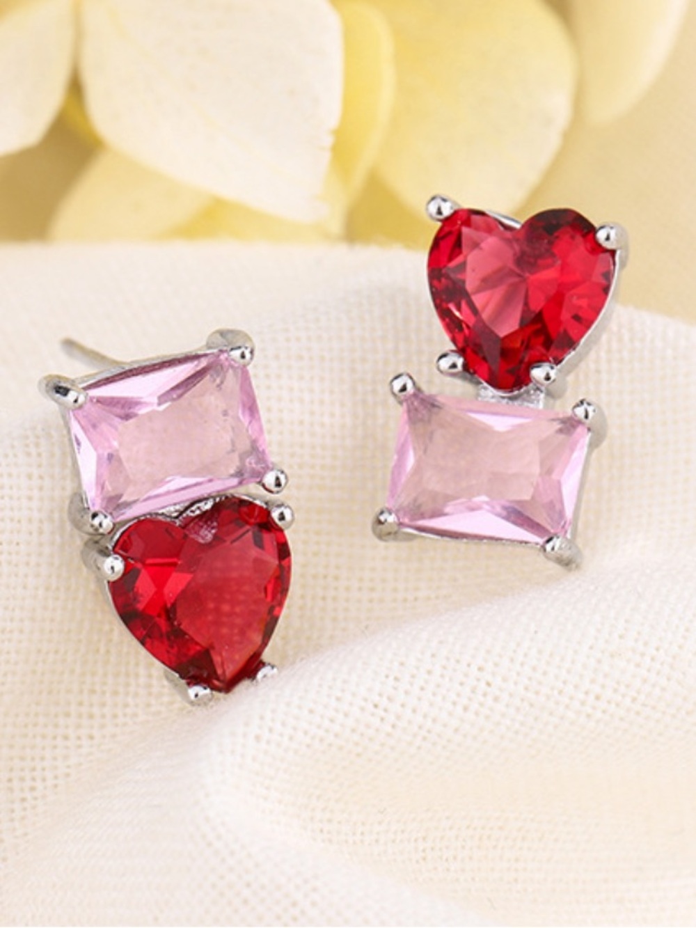 Silver Heart & Square Pink Red Crystal Stud Earrings
